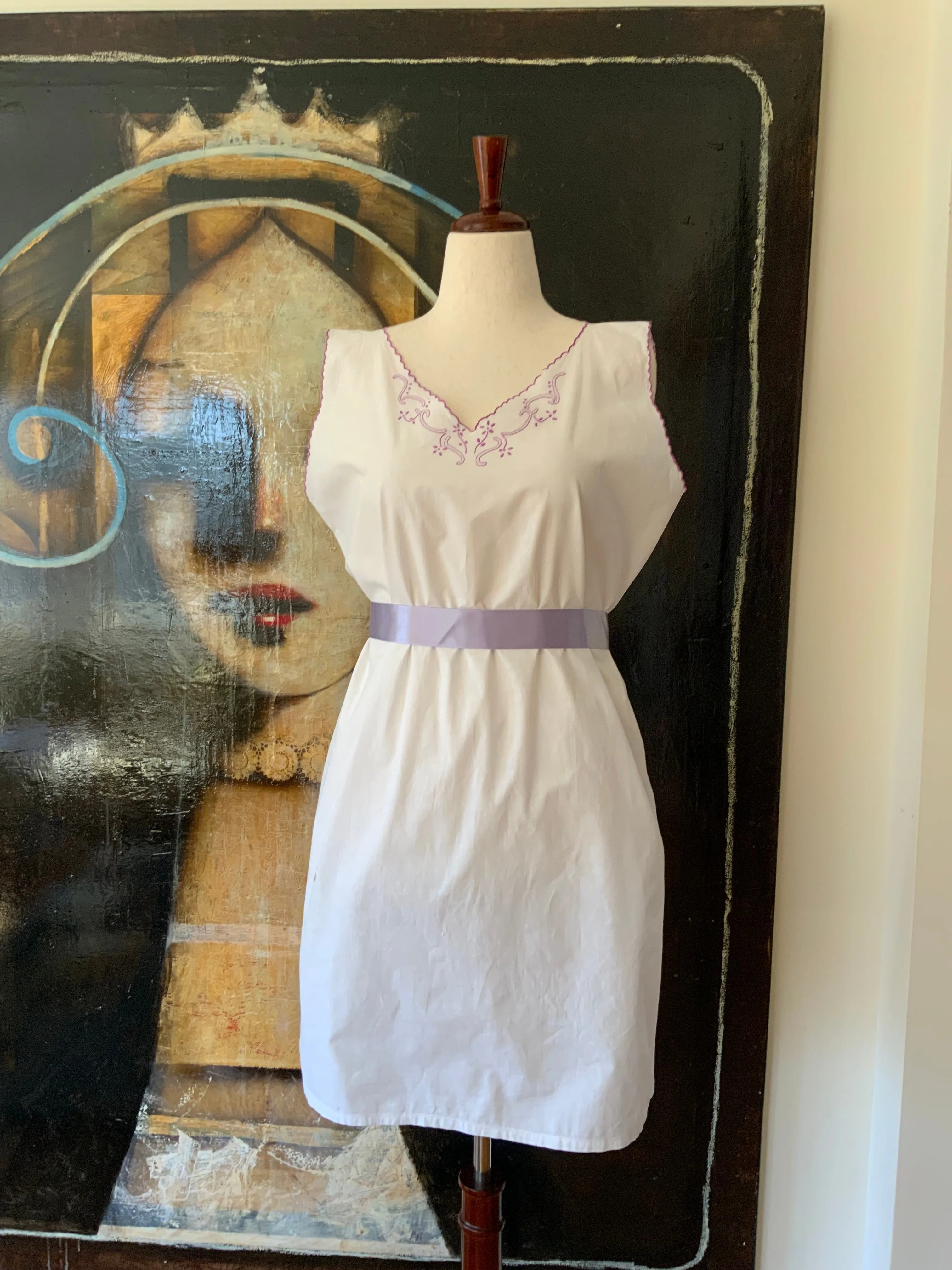 Antique Cotton Nightgown Purple Embroidery - 1910 - ED7