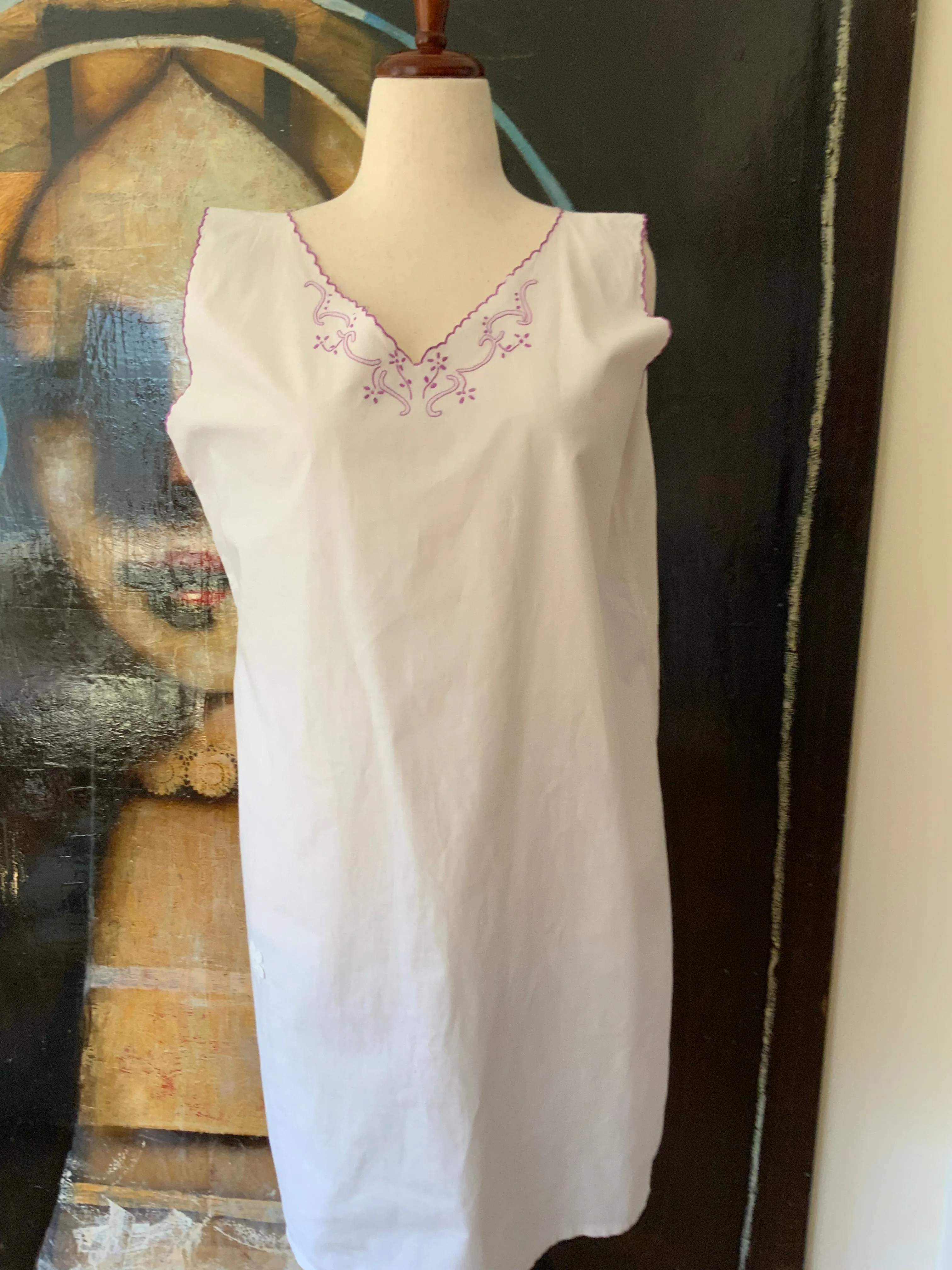 Antique Cotton Nightgown Purple Embroidery - 1910 - ED7