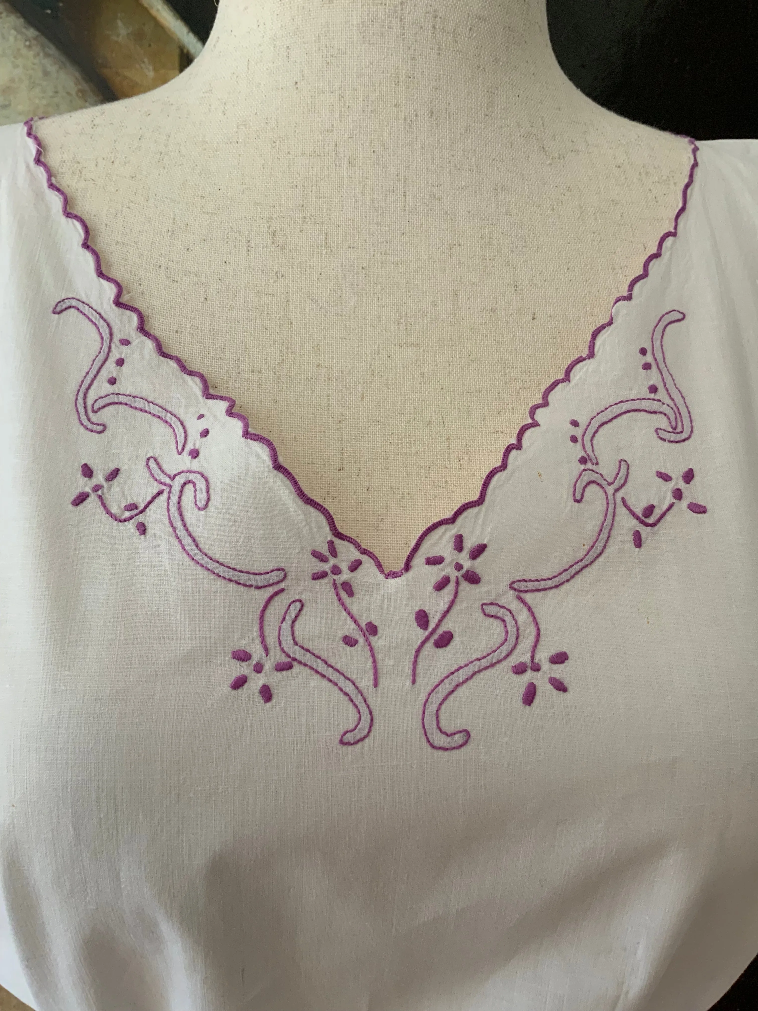 Antique Cotton Nightgown Purple Embroidery - 1910 - ED7