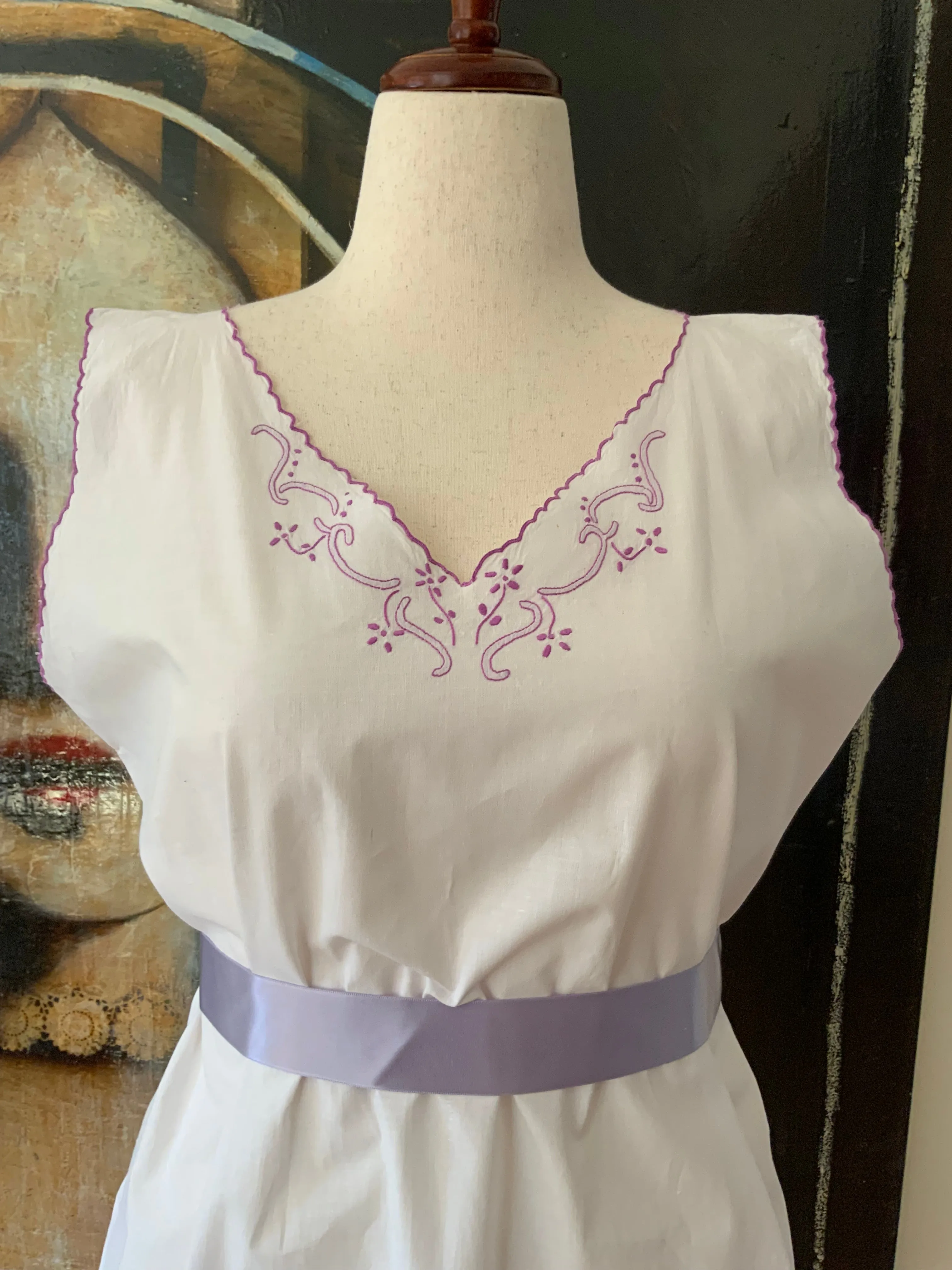Antique Cotton Nightgown Purple Embroidery - 1910 - ED7
