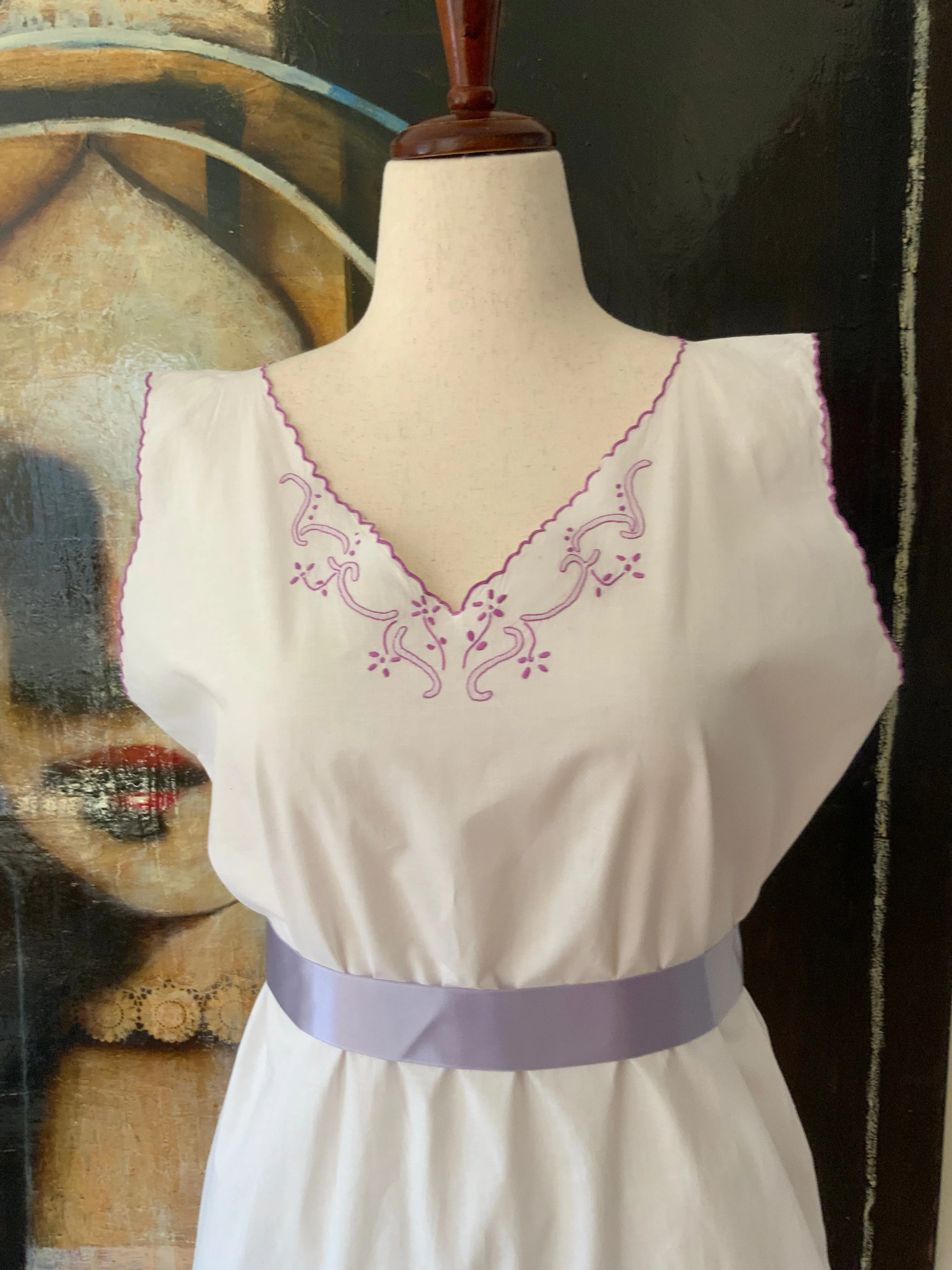 Antique Cotton Nightgown Purple Embroidery - 1910 - ED7