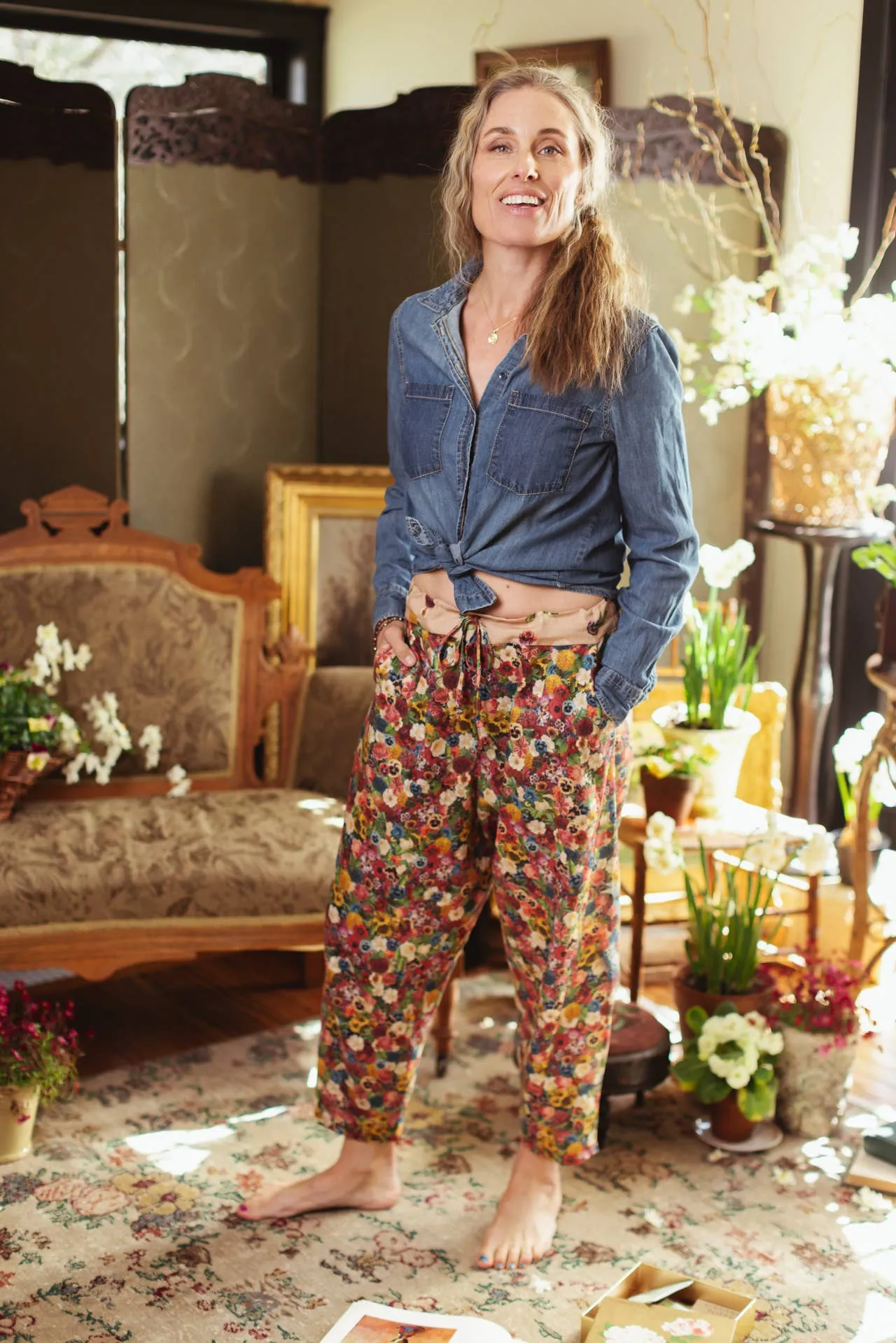 Art of Life Linen Cropped Artist Pant with Boho Floral Print