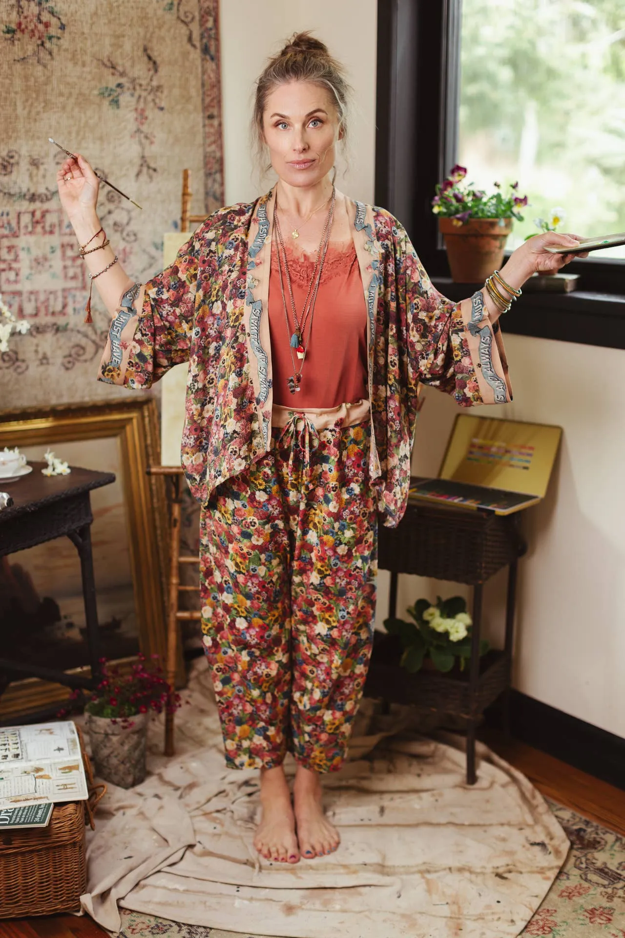 Art of Life Linen Cropped Artist Pant with Boho Floral Print