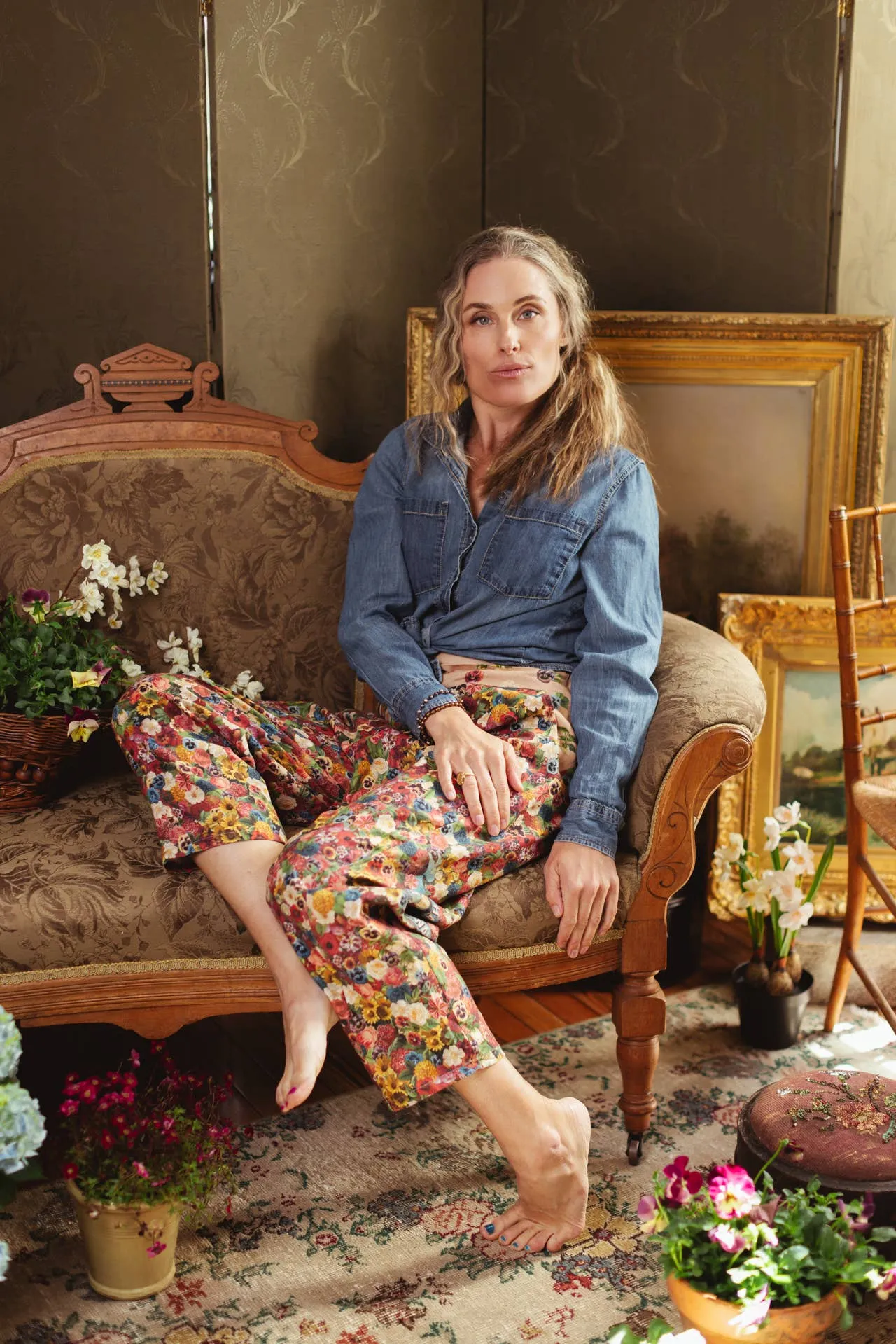 Art of Life Linen Cropped Artist Pant with Boho Floral Print