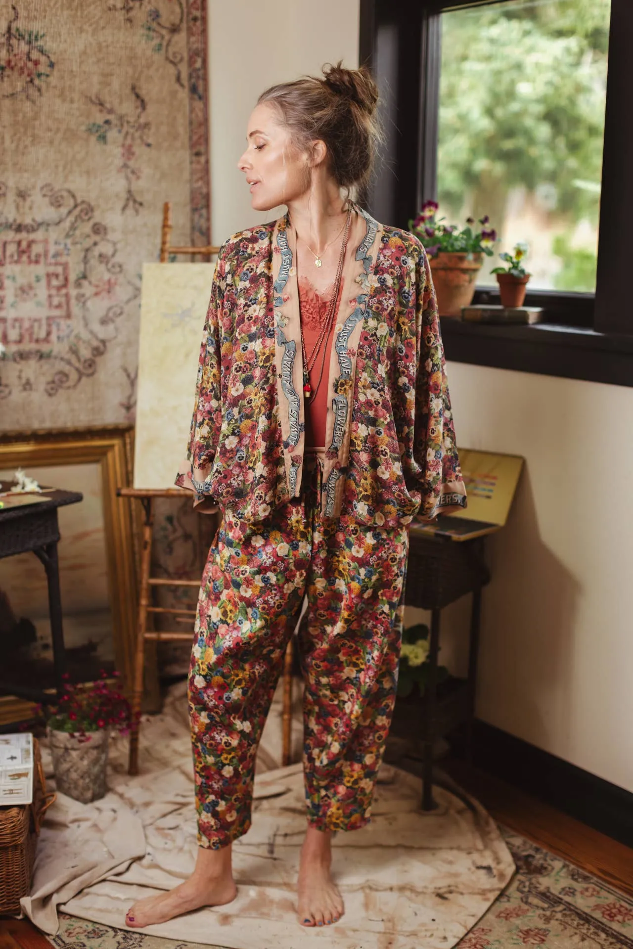 Art of Life Linen Cropped Artist Pant with Boho Floral Print