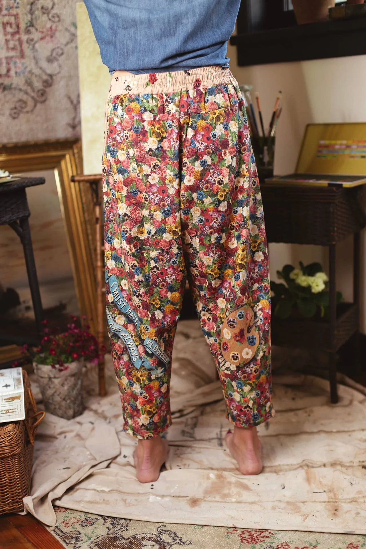 Art of Life Linen Cropped Artist Pant with Boho Floral Print