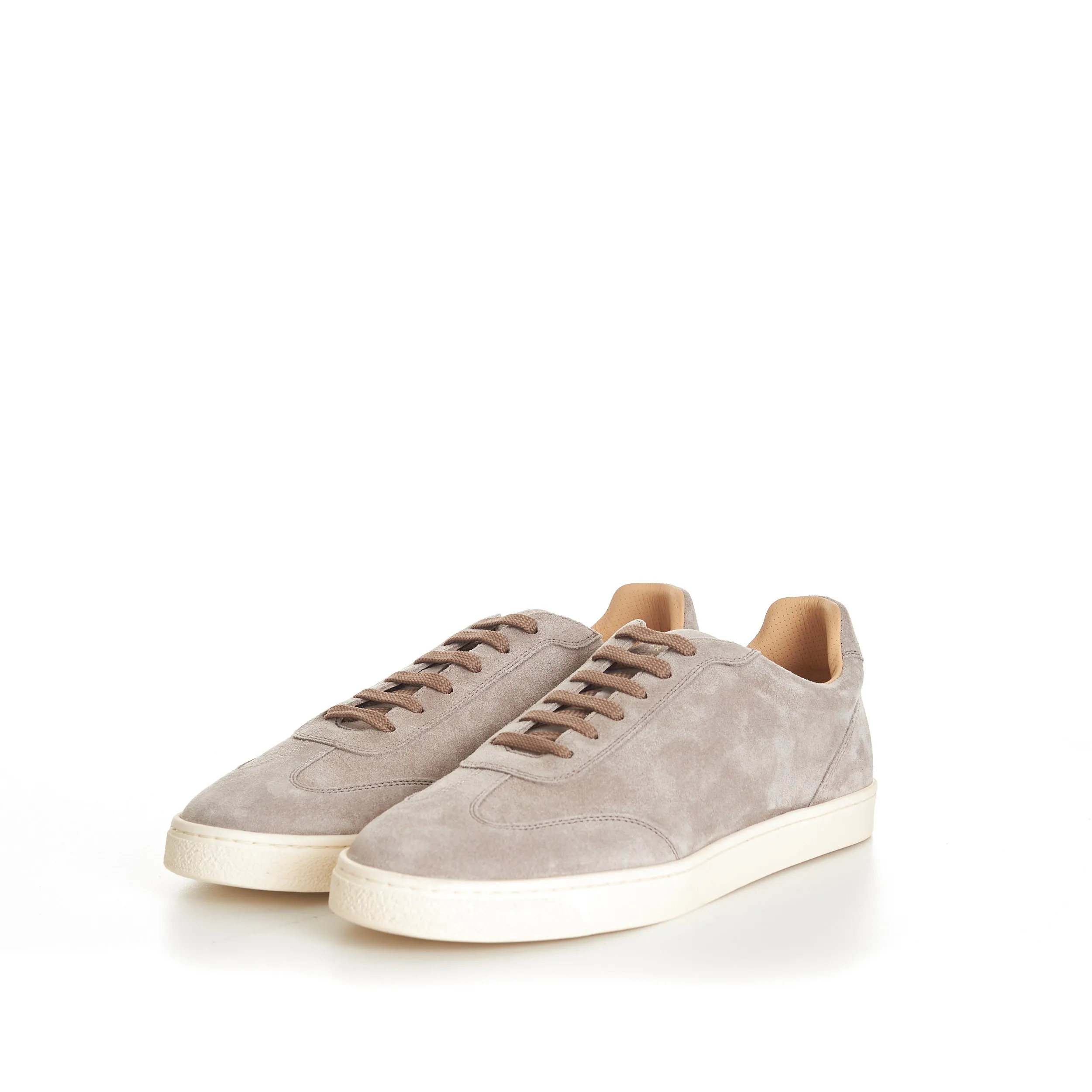 Beige Suede Round Toe Lace-Up Sneakers