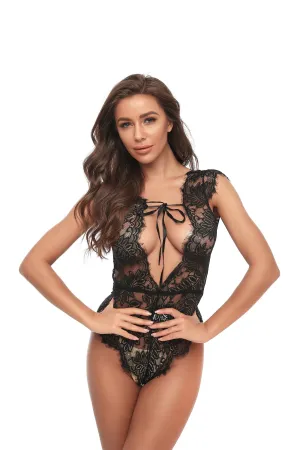 Black 1 Piece Womens Dress Lace Fishnet Teddies - Sleepwear Lingerie Bodysuits with G-String