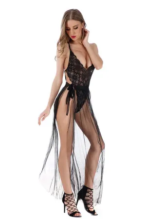 Black 2 Piece Womens Dress Lace Fishnet Teddies - Sleepwear Lingerie Bodysuits with G-String