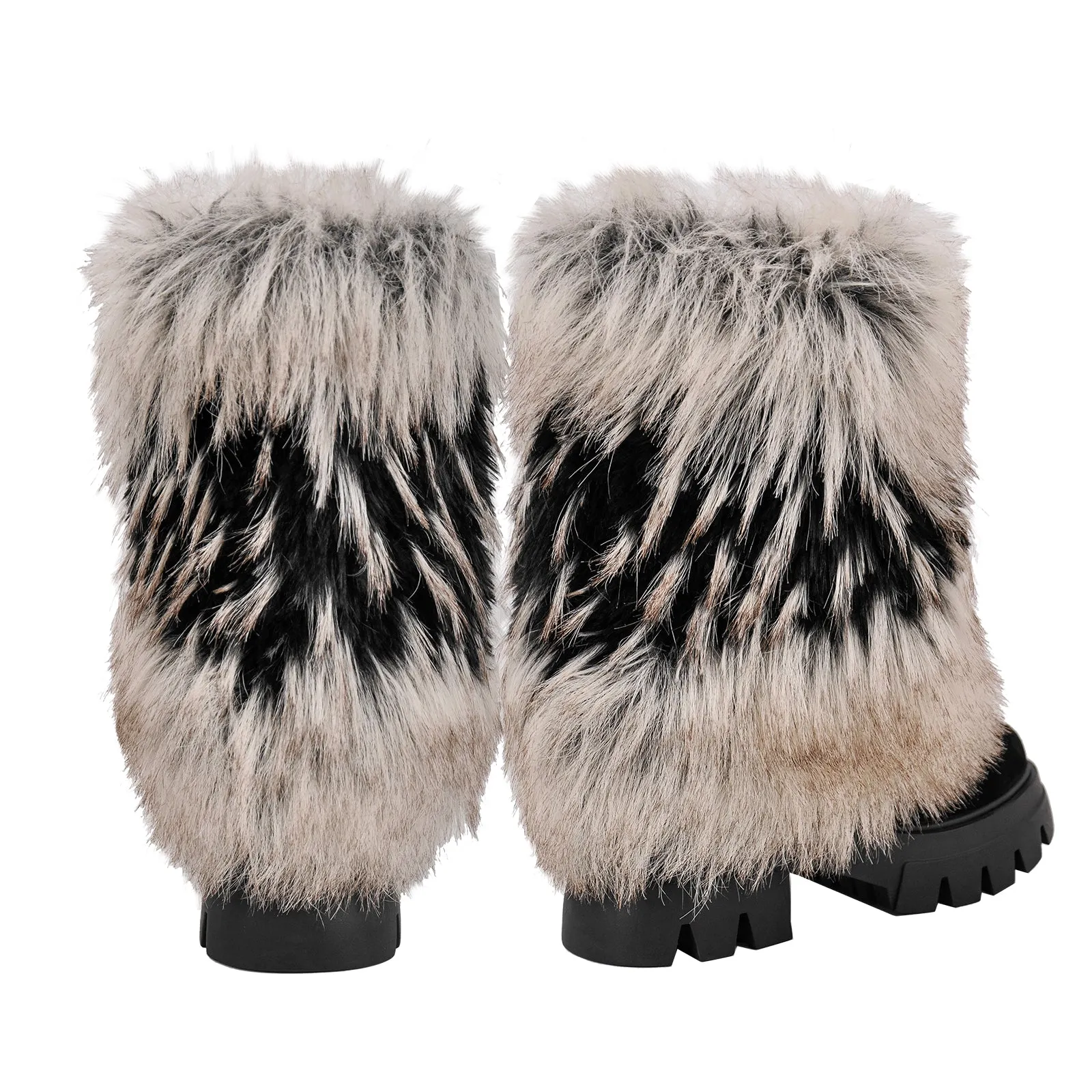 Black Fur Chunky Heel Mid-Calf Boots