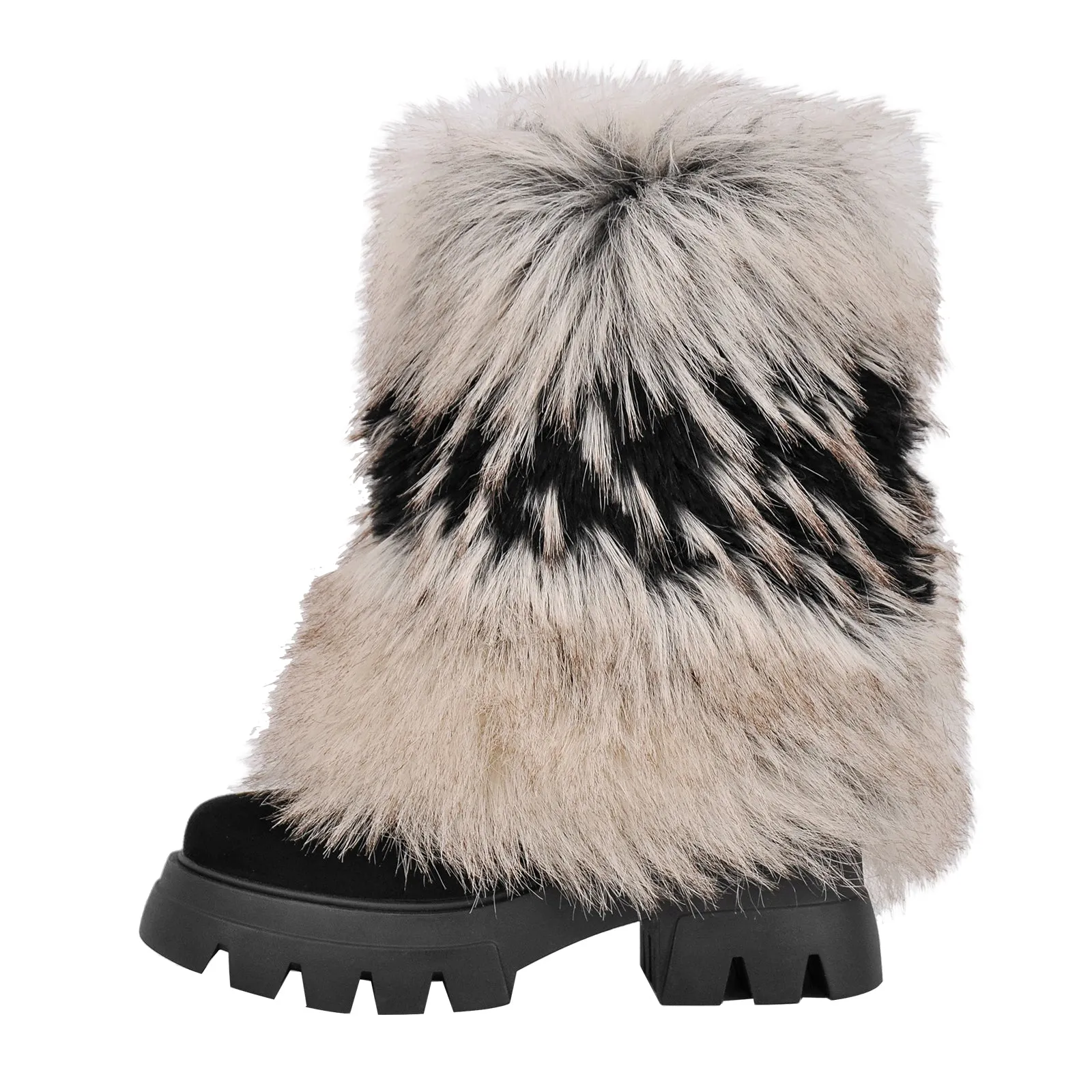 Black Fur Chunky Heel Mid-Calf Boots