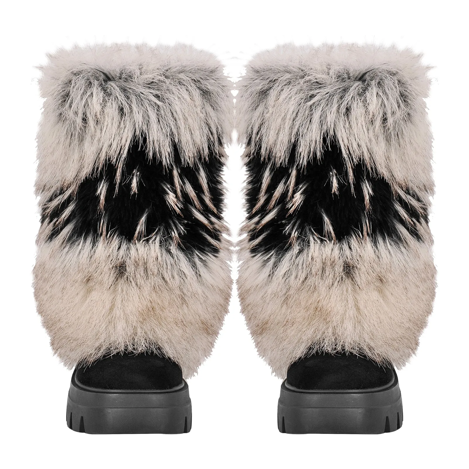 Black Fur Chunky Heel Mid-Calf Boots