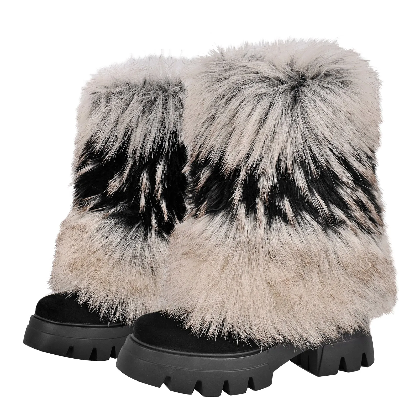 Black Fur Chunky Heel Mid-Calf Boots