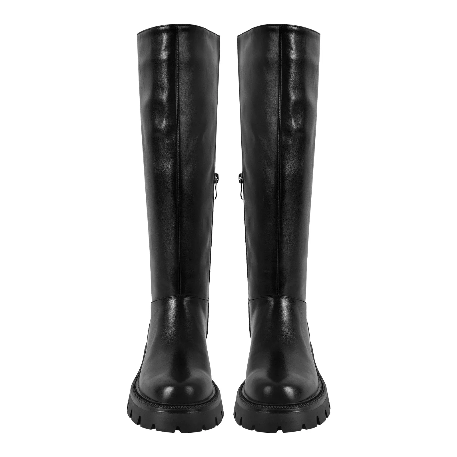 Black Round Toe Chunky Heel Knee High Boots
