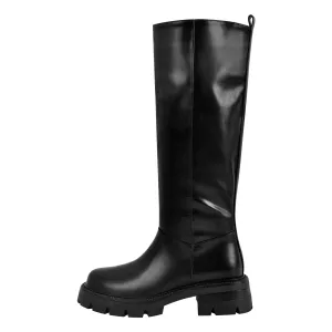 Black Round Toe Chunky Heel Knee High Boots