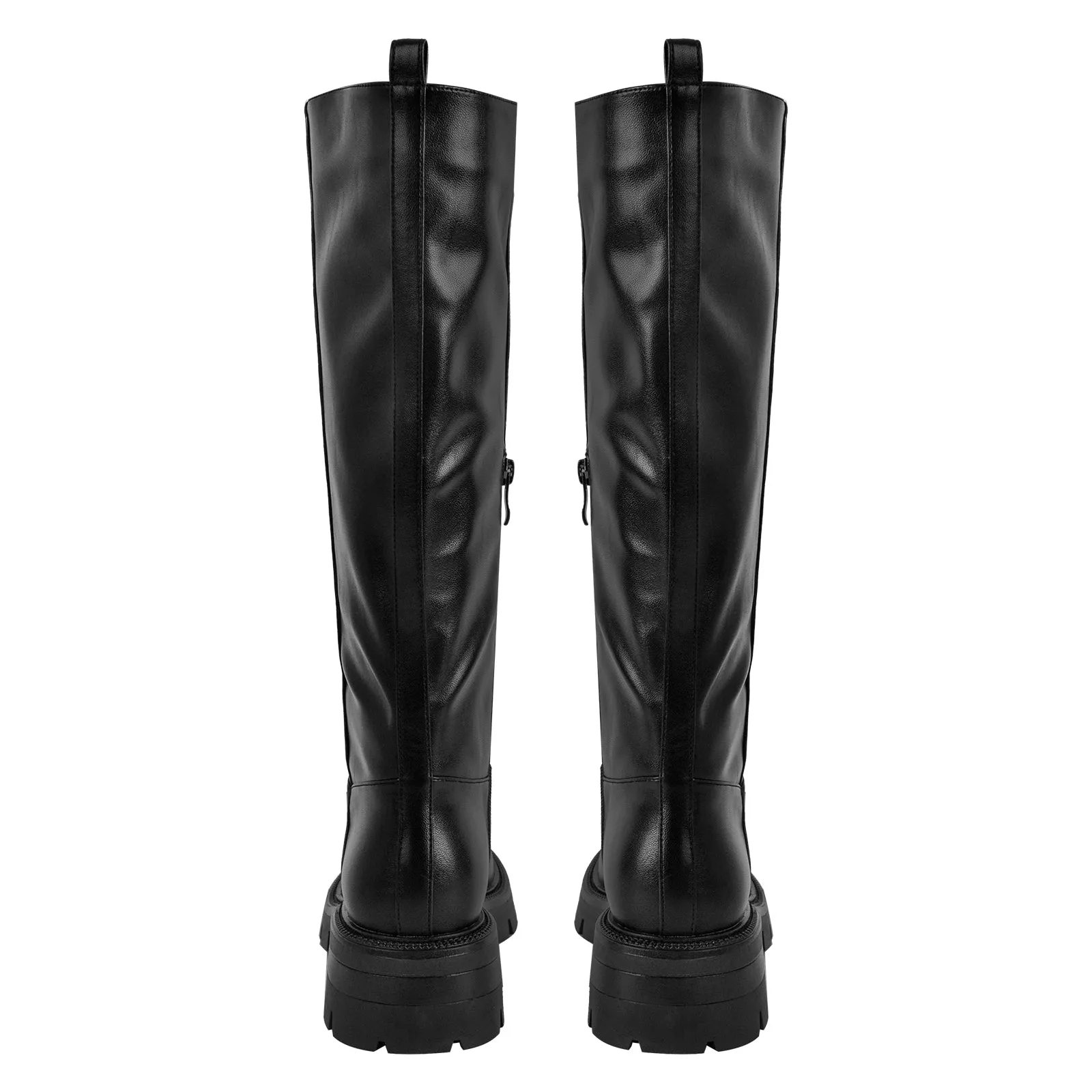 Black Round Toe Chunky Heel Knee High Boots
