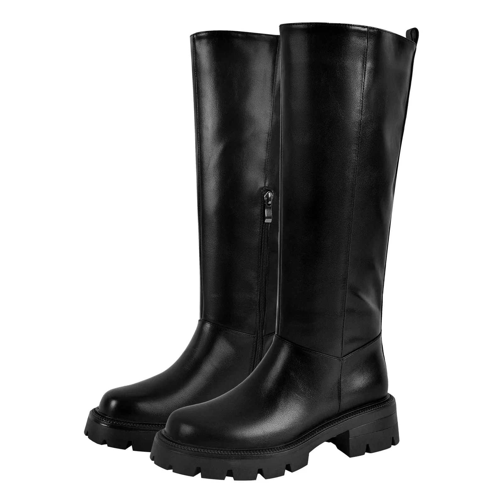 Black Round Toe Chunky Heel Knee High Boots