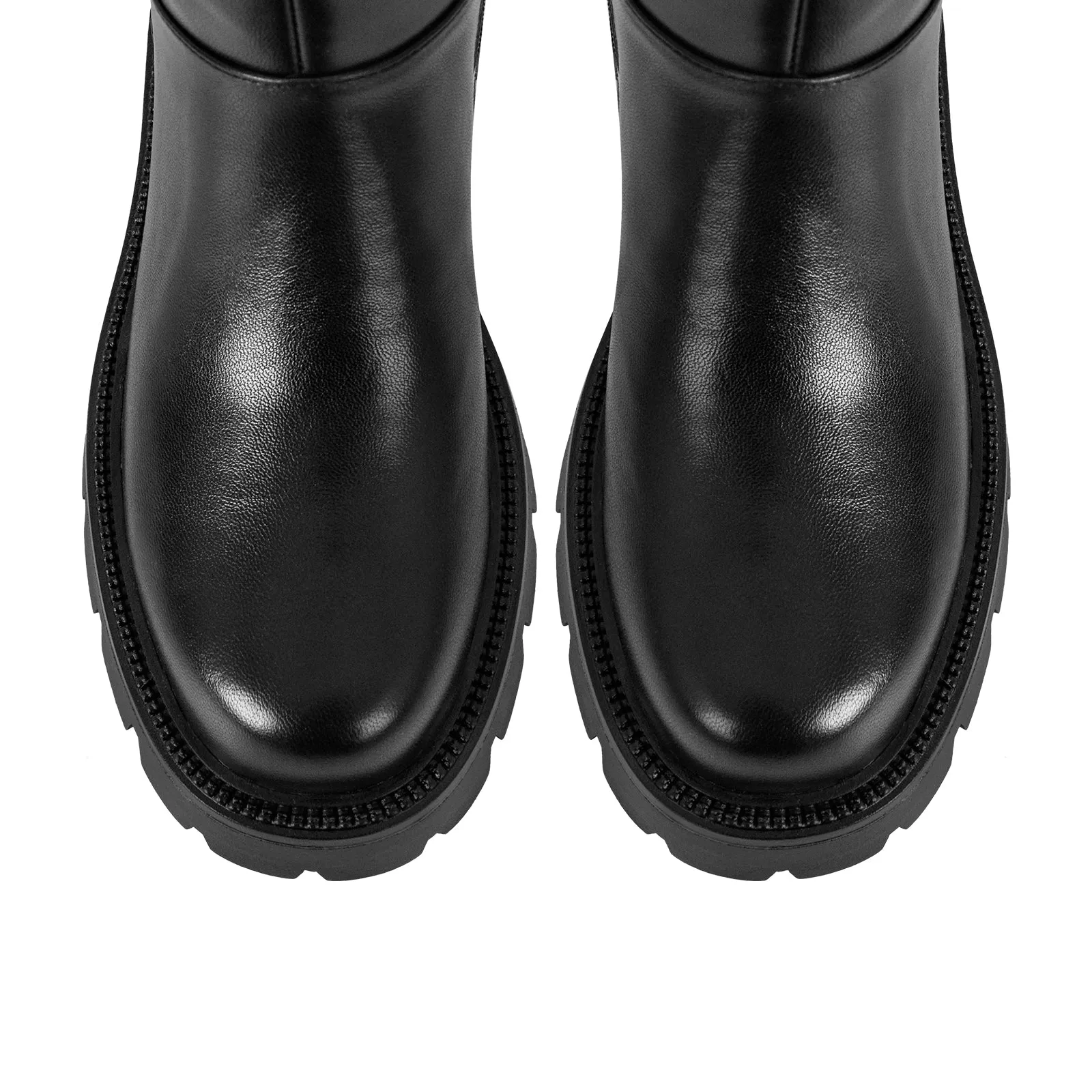 Black Round Toe Chunky Heel Knee High Boots