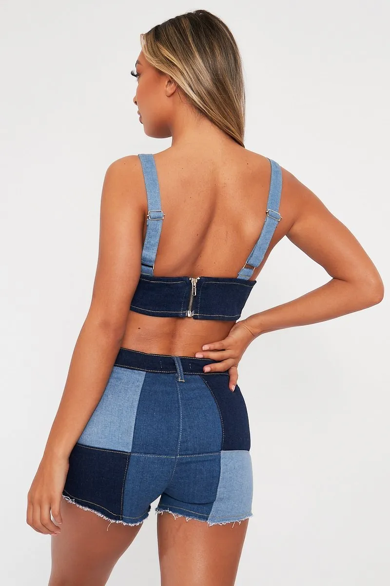 Blue Contrast Panel Denim Top - Aariana