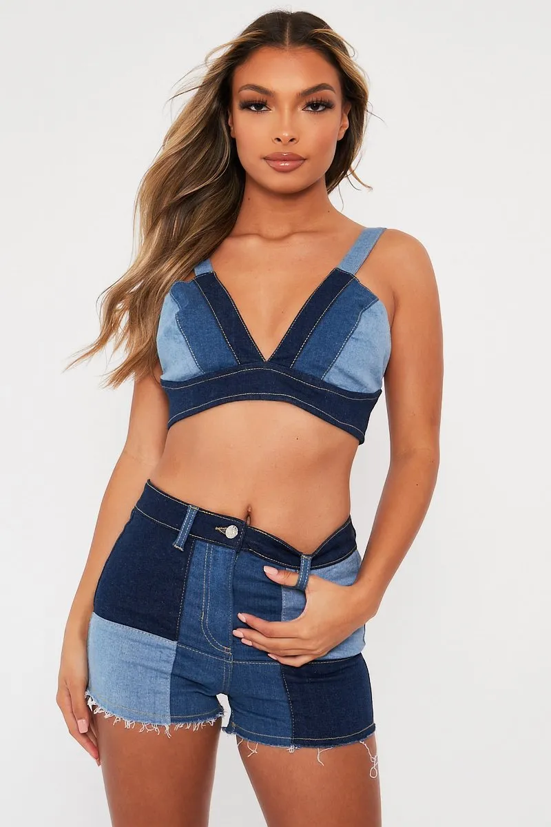 Blue Contrast Panel Denim Top - Aariana