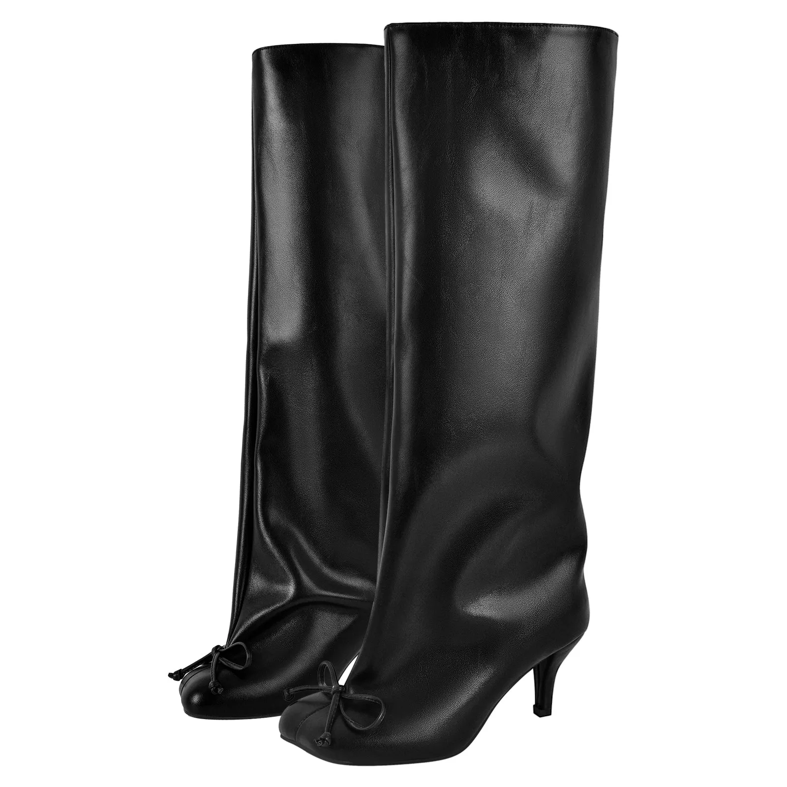 Bow Square Toe Stiletto Knee High Tabi Boots