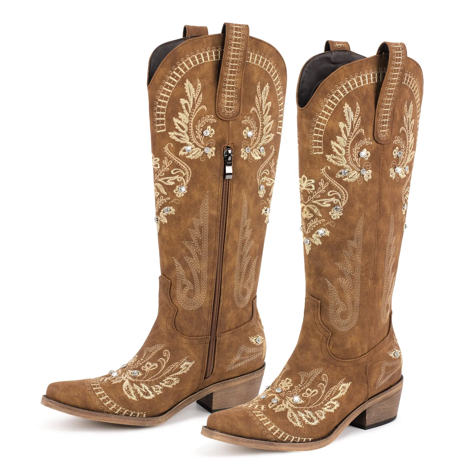 Brown Embroidered Knee High White Western Boots