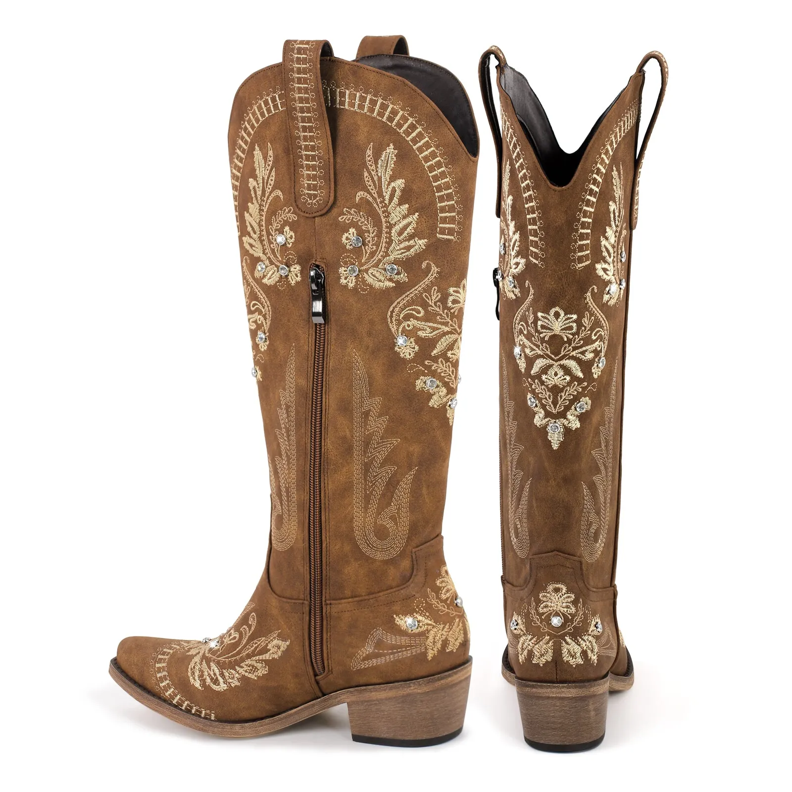 Brown Embroidered Knee High White Western Boots