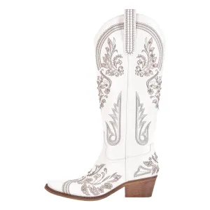 Brown Embroidered Knee High White Western Boots