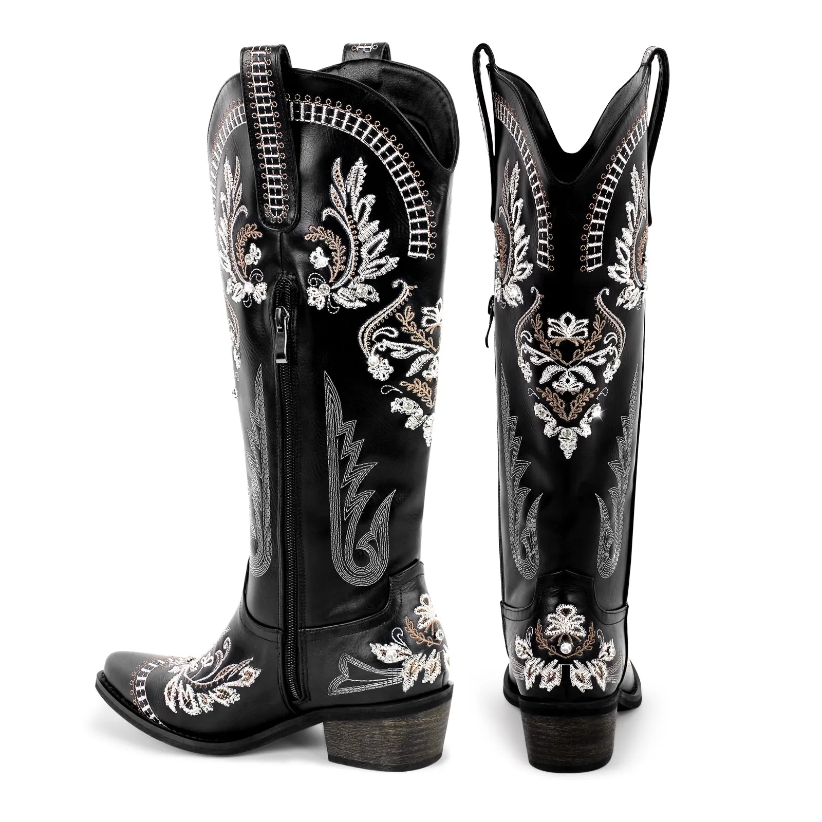 Brown Embroidered Knee High White Western Boots