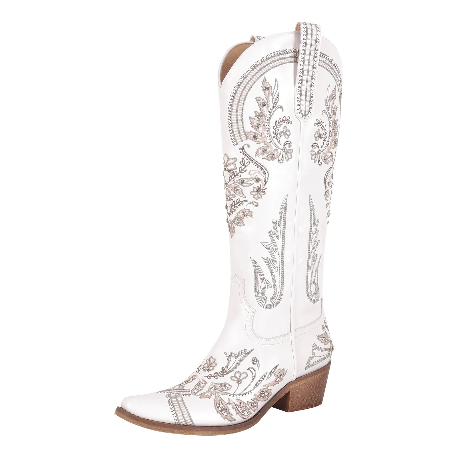 Brown Embroidered Knee High White Western Boots