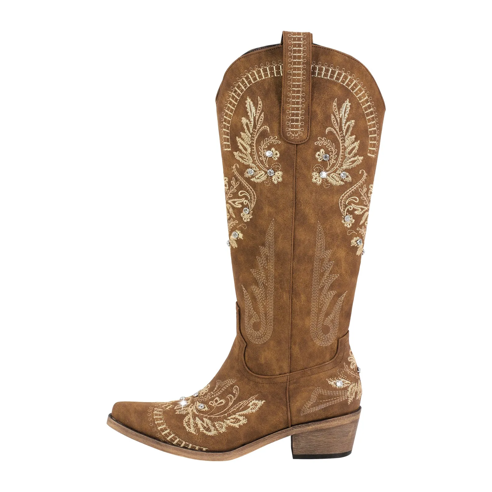 Brown Embroidered Knee High White Western Boots