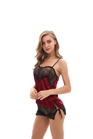 Burgundy 2 Piece Womens Lace Babydolls Sets - Low Cut Chemise Lingerie Set Sleepwear for Women
