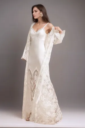 Chantilly Lace Long Robe with Silky Satin Lace Nightgown