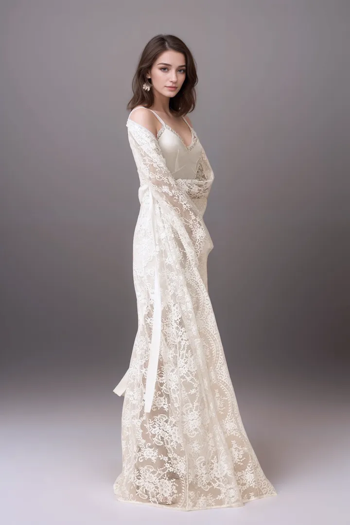 Chantilly Lace Long Robe with Silky Satin Lace Nightgown