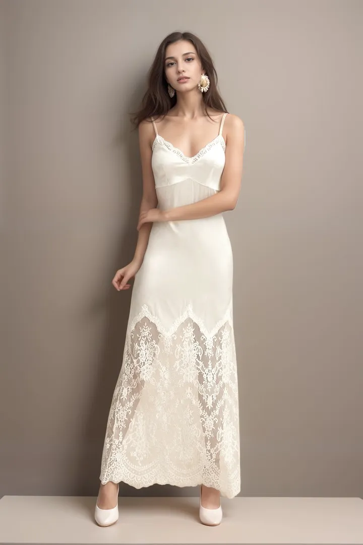 Chantilly Lace Long Robe with Silky Satin Lace Nightgown