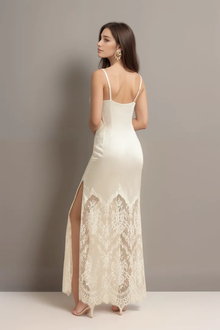 Chantilly Lace Long Robe with Silky Satin Lace Nightgown