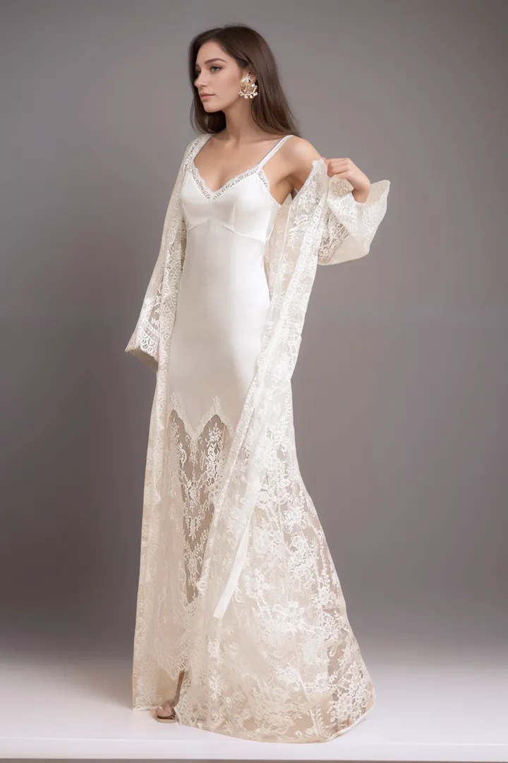 Chantilly Lace Long Robe with Silky Satin Lace Nightgown