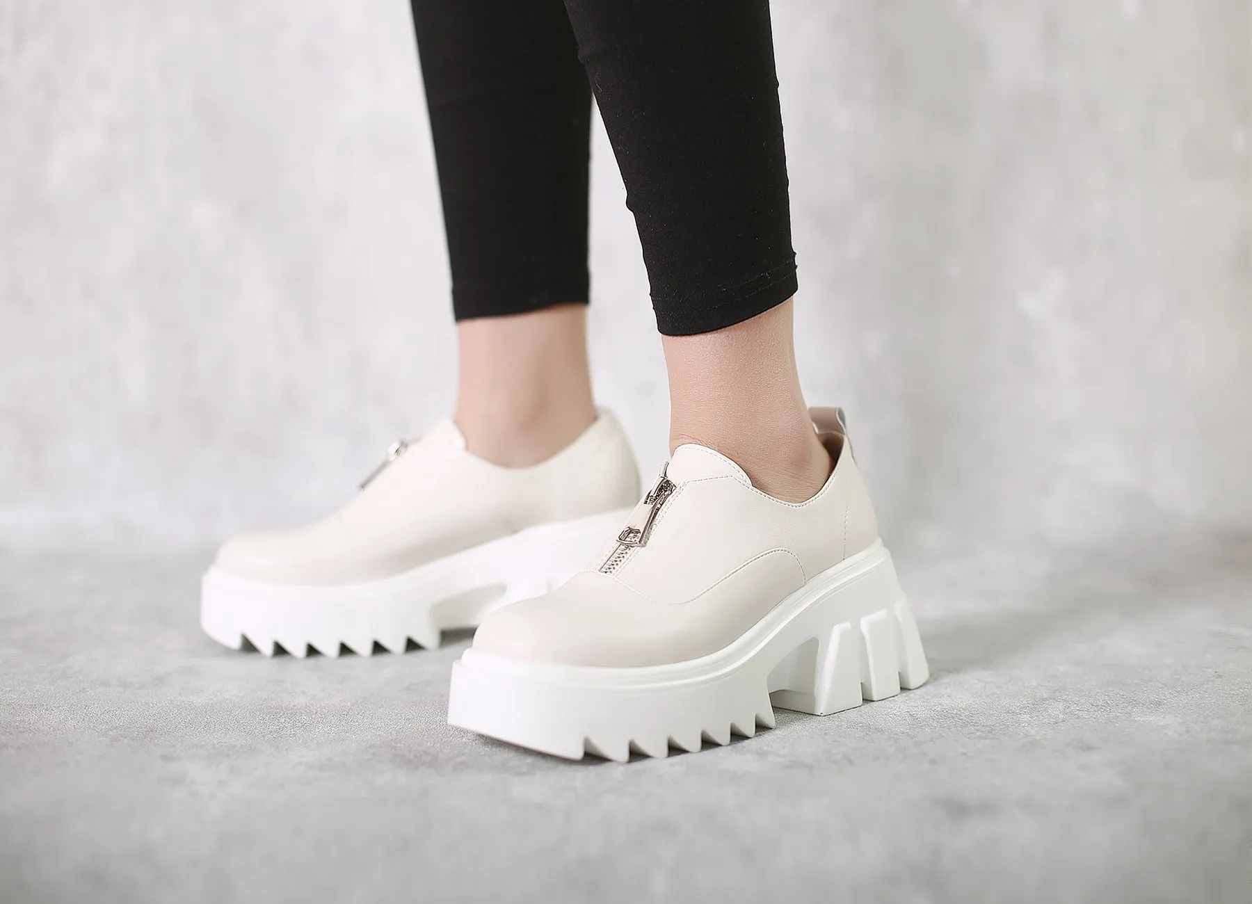 Chunky Heel Pure Zipper Genuine Leather Sneaker - Cream