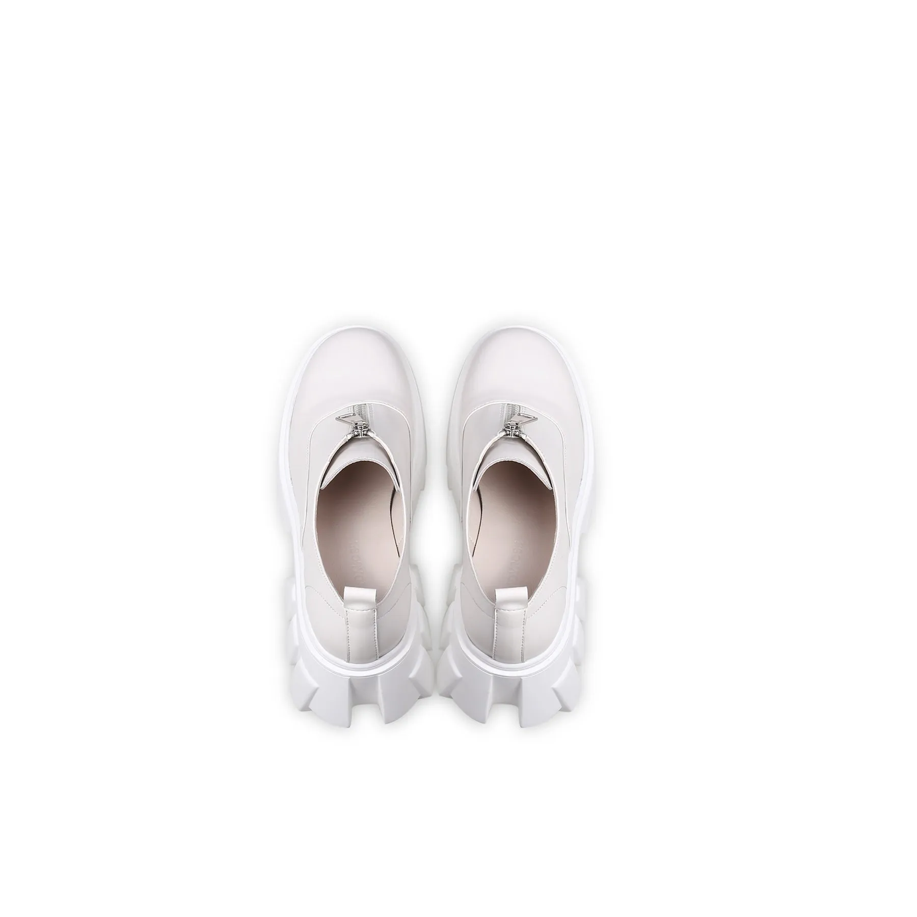 Chunky Heel Pure Zipper Genuine Leather Sneaker - Cream