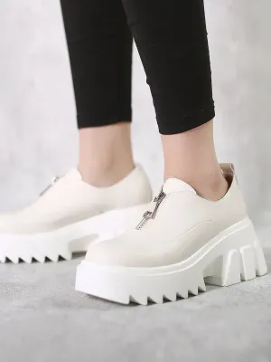 Chunky Heel Pure Zipper Genuine Leather Sneaker - Cream