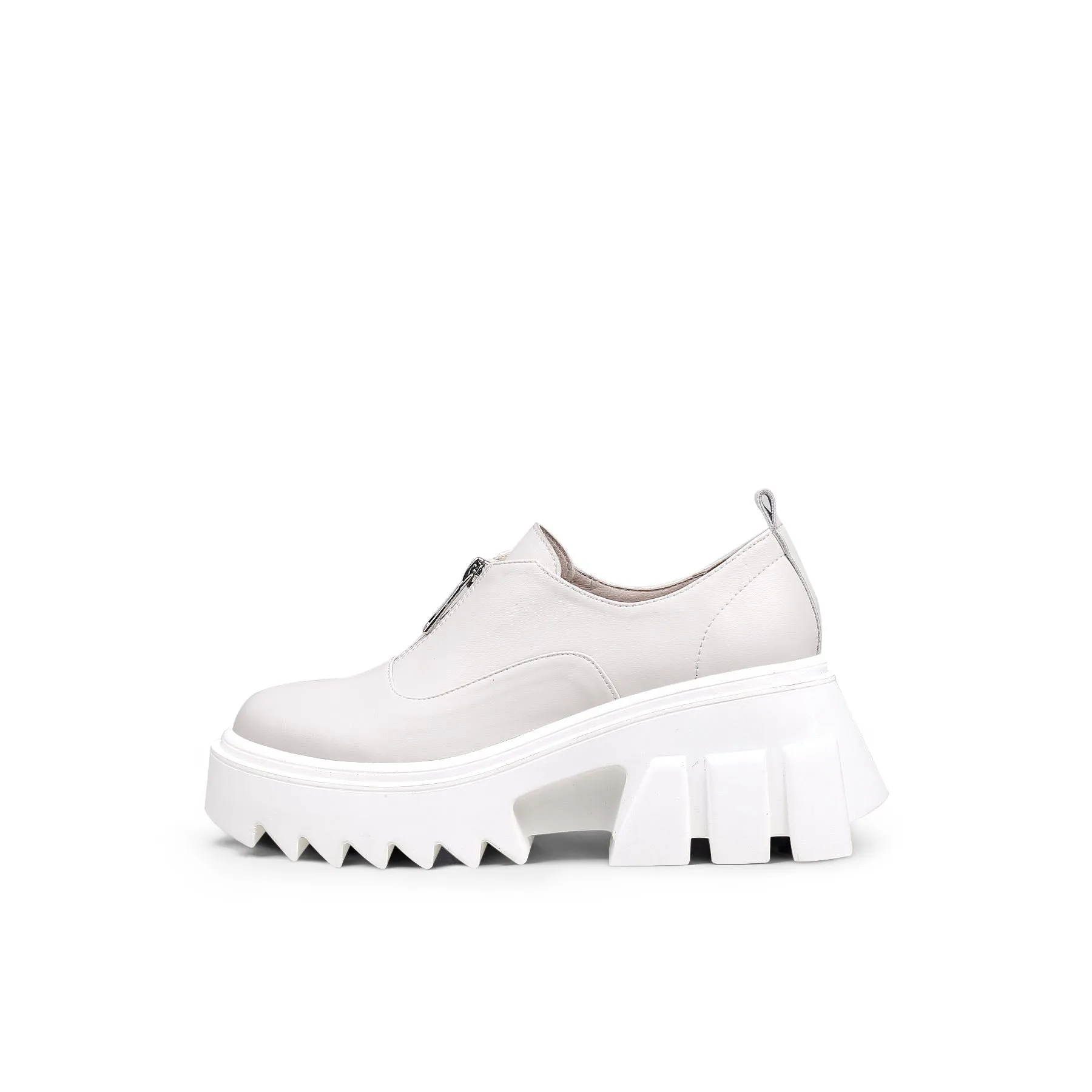 Chunky Heel Pure Zipper Genuine Leather Sneaker - Cream