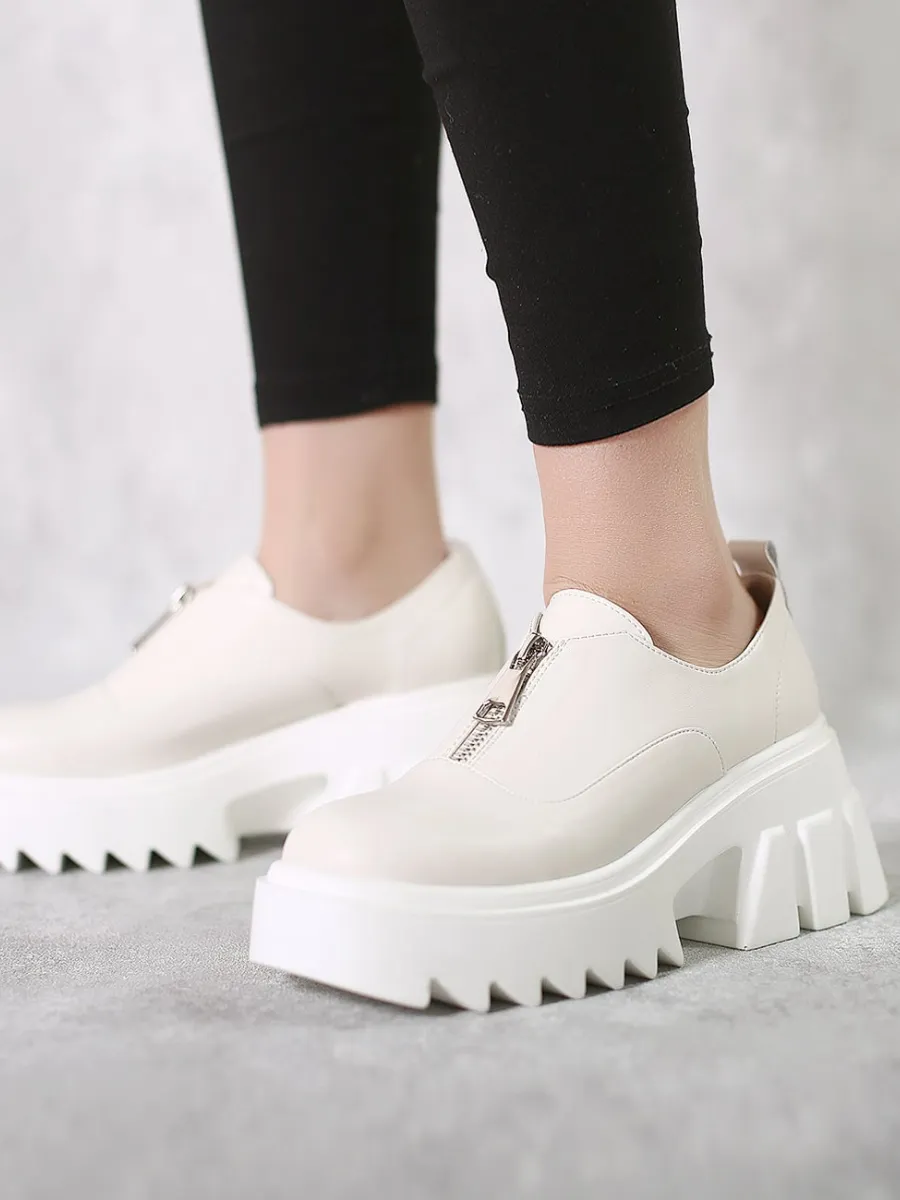 Chunky Heel Pure Zipper Genuine Leather Sneaker - Cream