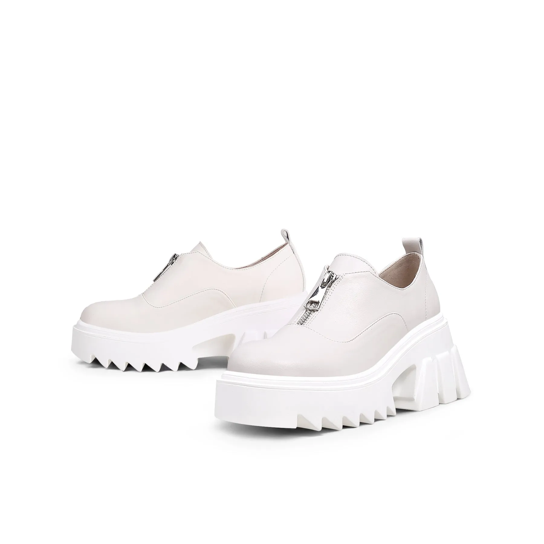 Chunky Heel Pure Zipper Genuine Leather Sneaker - Cream