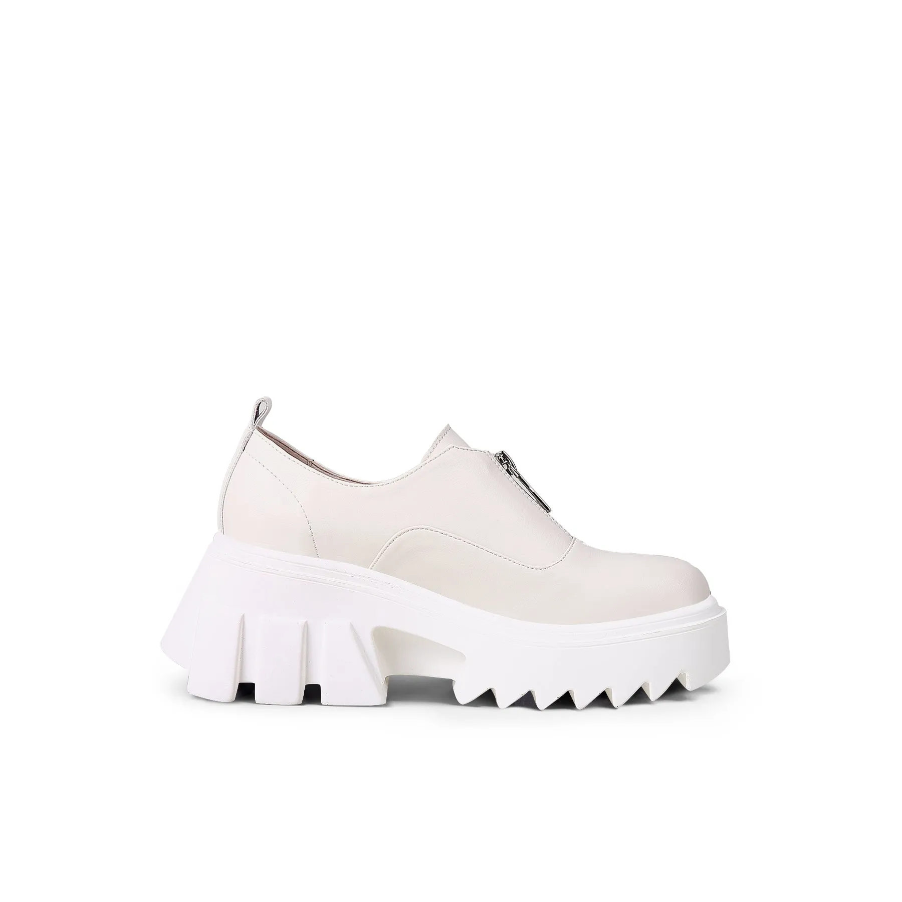 Chunky Heel Pure Zipper Genuine Leather Sneaker - Cream