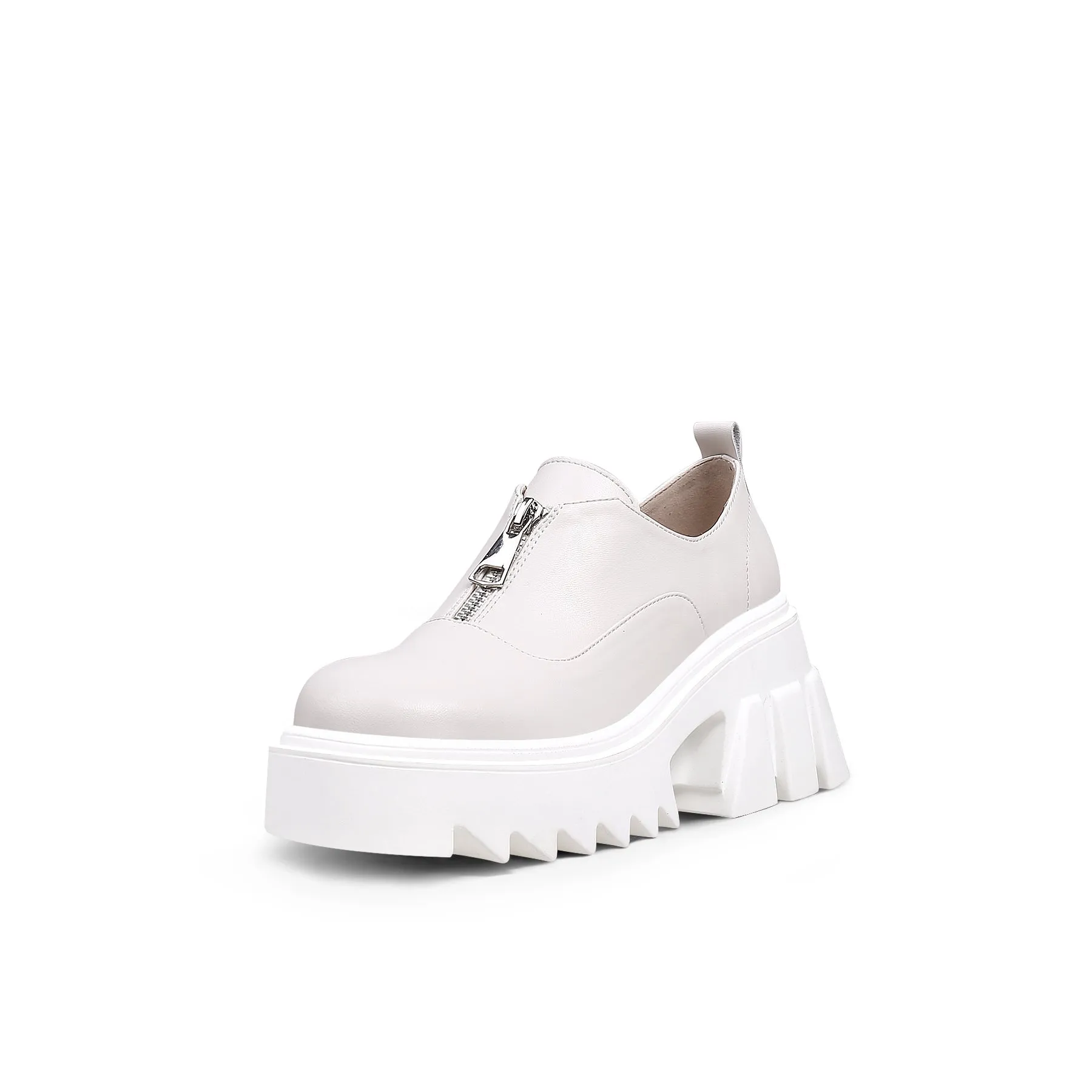 Chunky Heel Pure Zipper Genuine Leather Sneaker - Cream