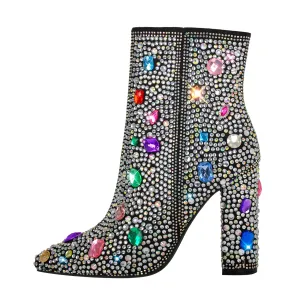 Chunky Heel Rhinestone Jewel Ankle Boots