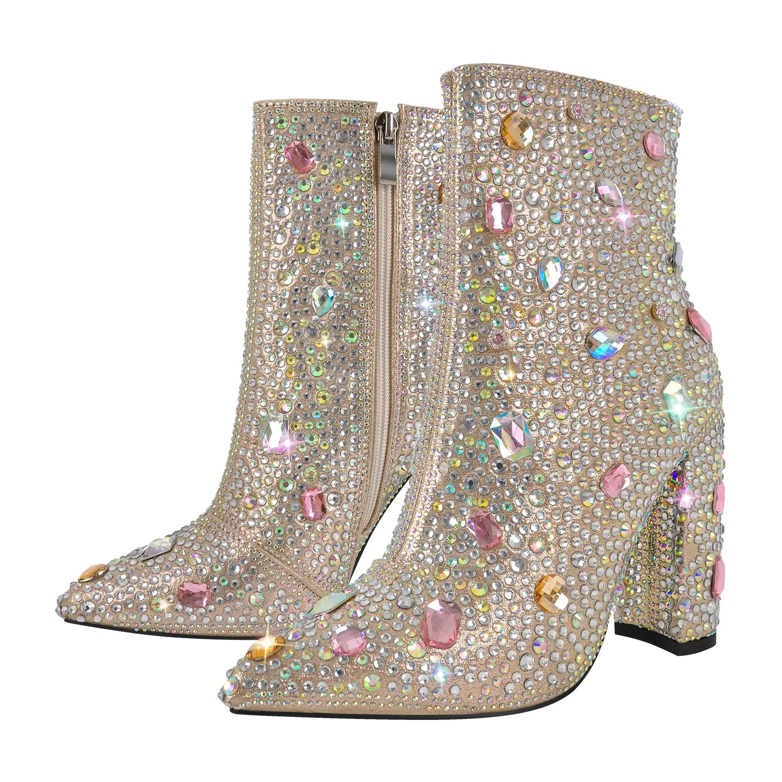 Chunky Heel Rhinestone Jewel Ankle Boots