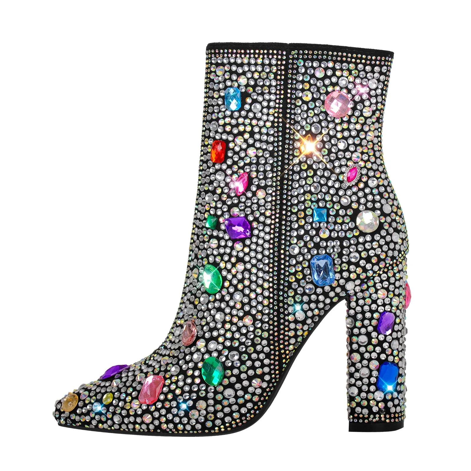 Chunky Heel Rhinestone Jewel Ankle Boots