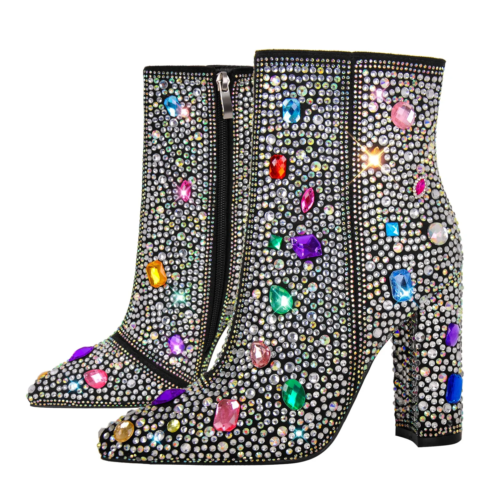 Chunky Heel Rhinestone Jewel Ankle Boots