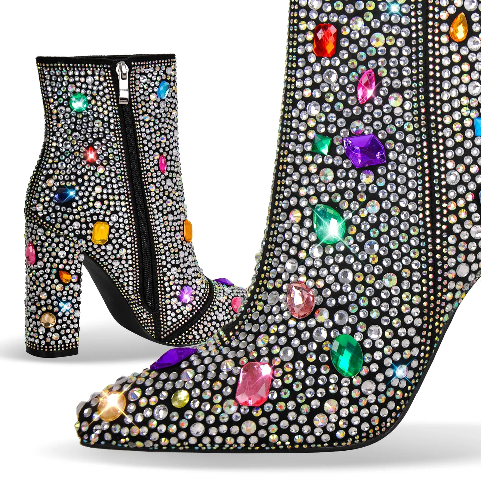 Chunky Heel Rhinestone Jewel Ankle Boots